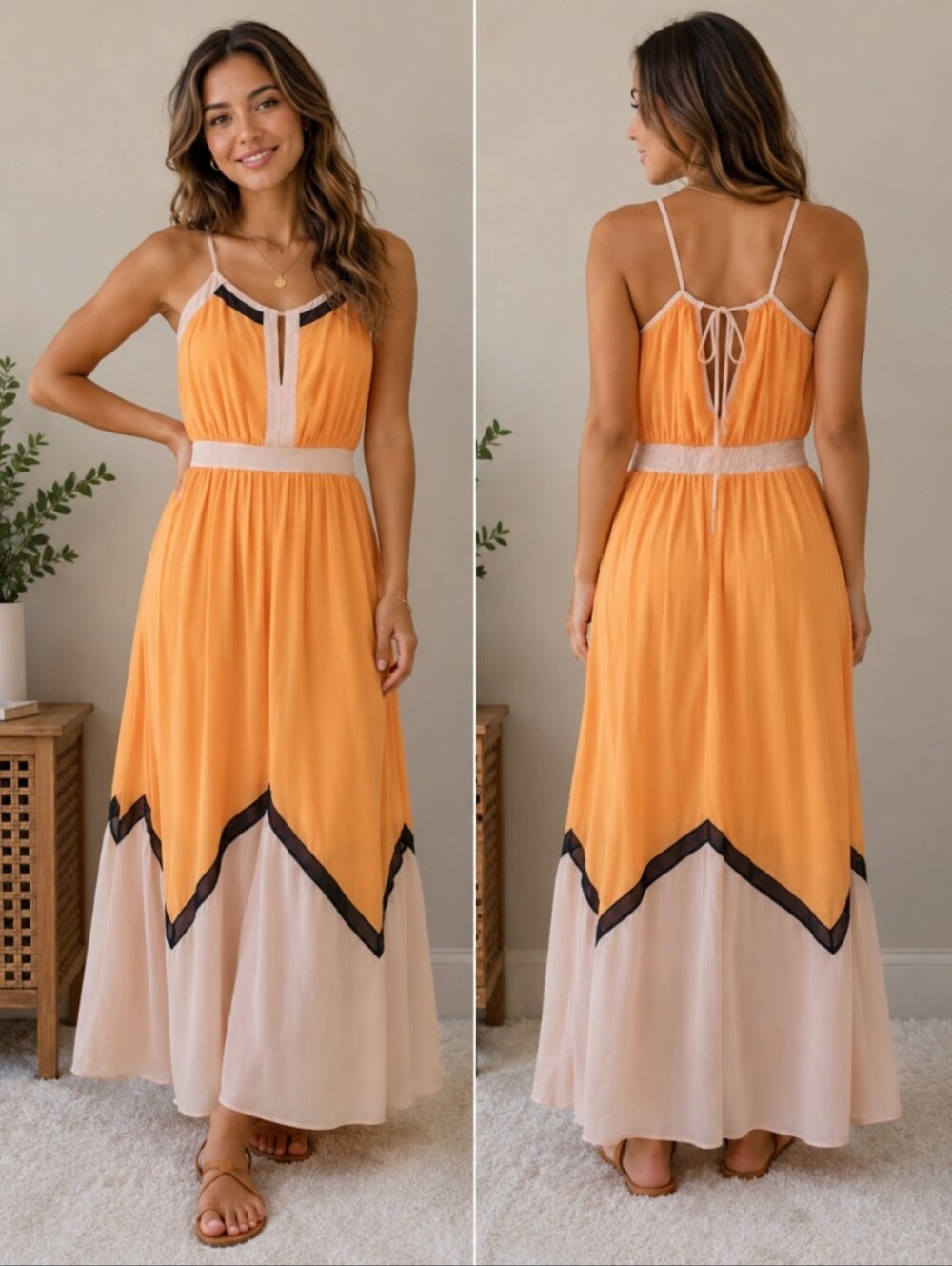 Lucy Paris Maxi Dress Womens Medium Orange Peach Chevron Dress HANG